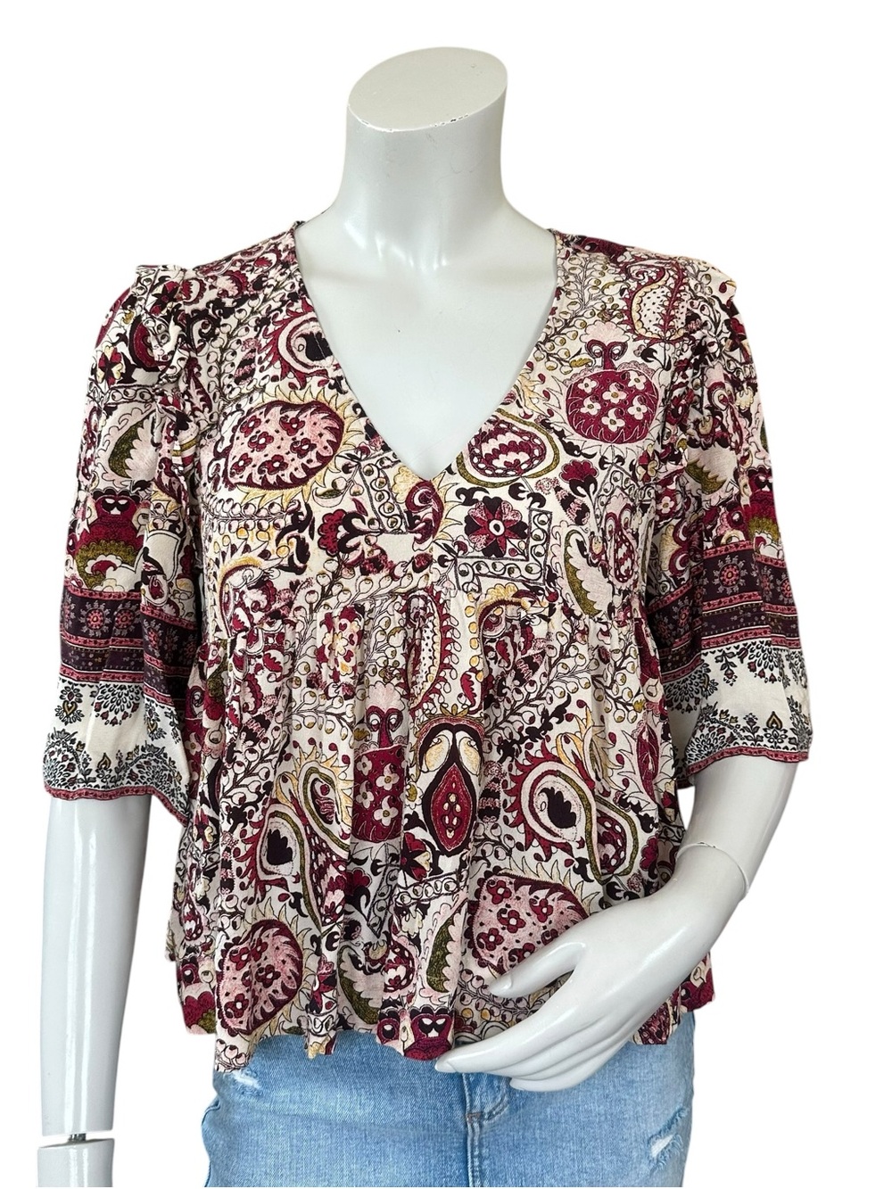 BA&SH Zarry Ecru Cream Pink V Neck Floral Print Boho Blouse Size Small